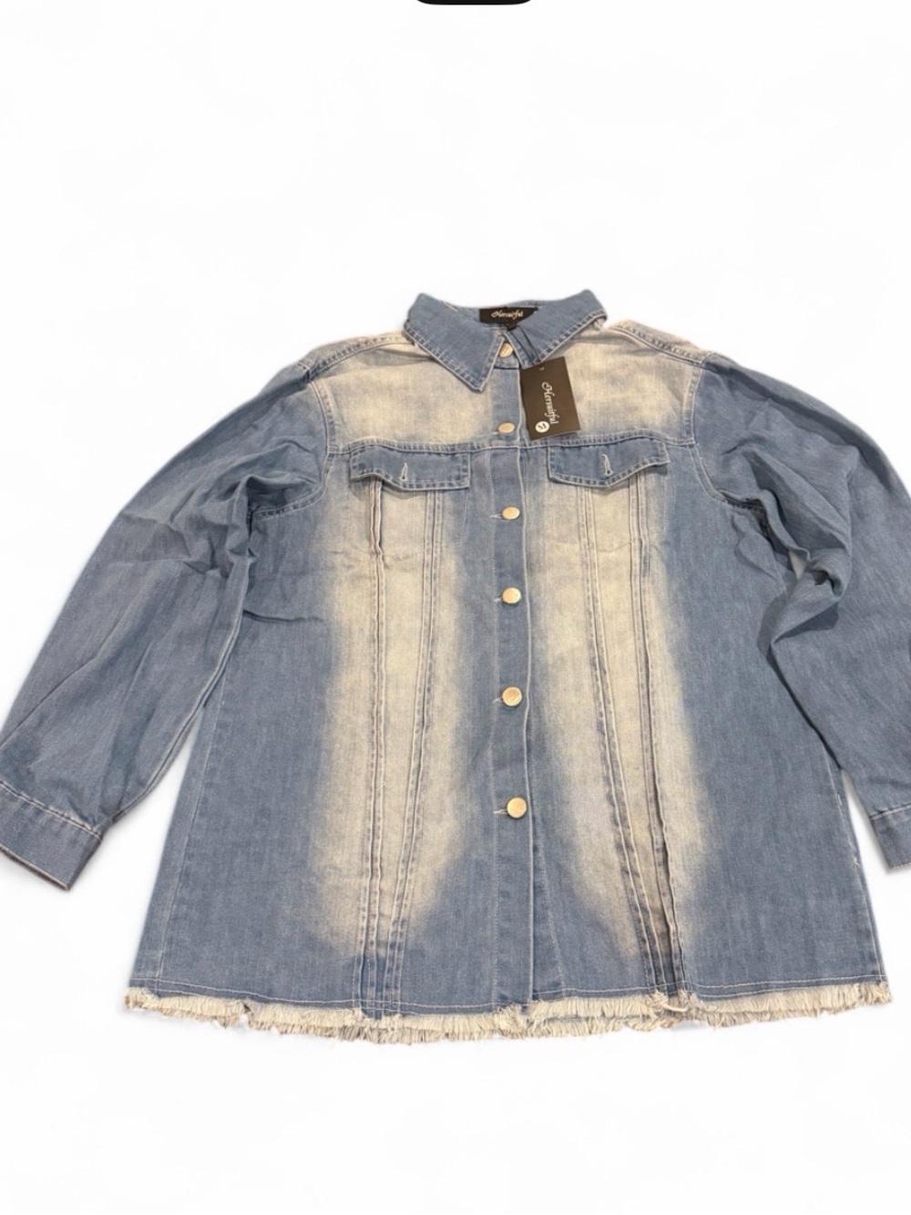 Washed Light Blue Denim Jacket with Frayed Hem